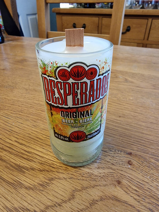 Desperado beer bottle glass candle with crackle wick. Sent post free
