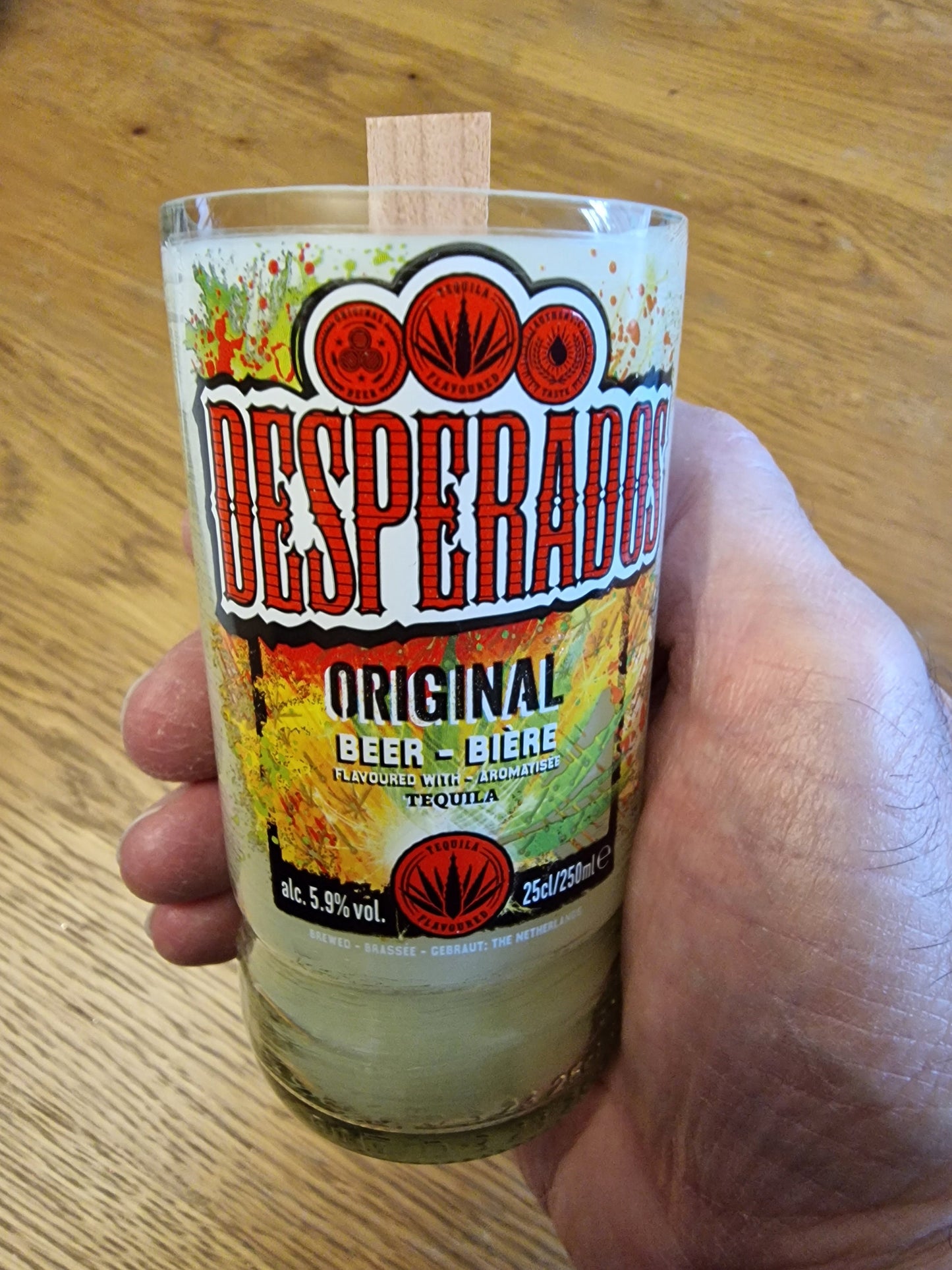 Scented Desperado beer bottle glass candle with crackle wick. Sent post free