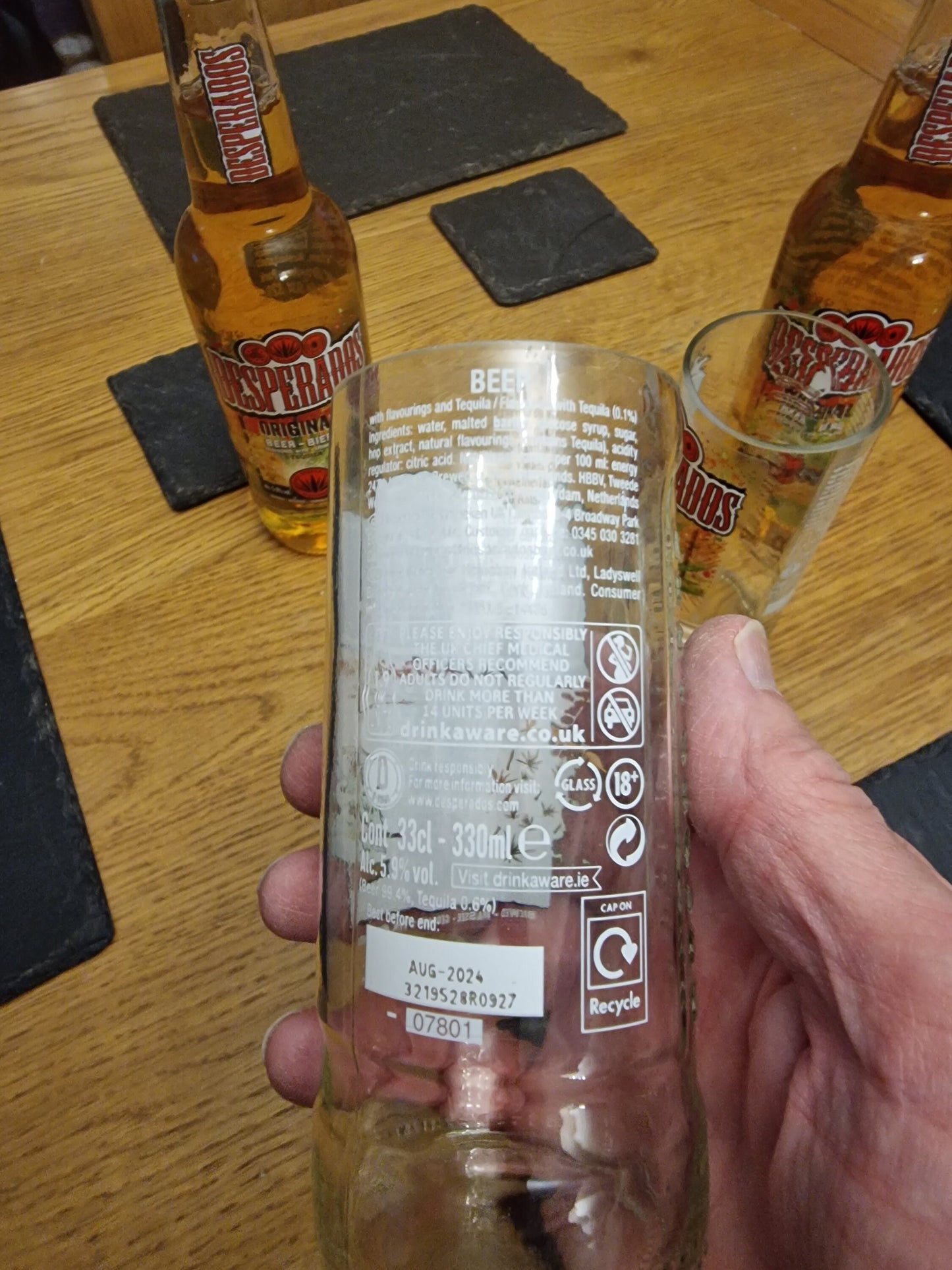 Upcycled Handmade glasses from Desperados bottles x 2 made from 330ml bottles.