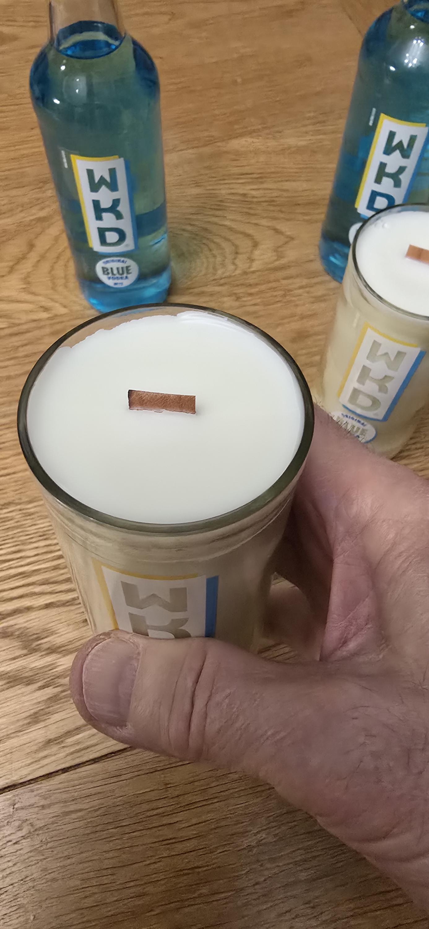 WKD Blue upcycled bottle glass Made into a candle with crackle wick