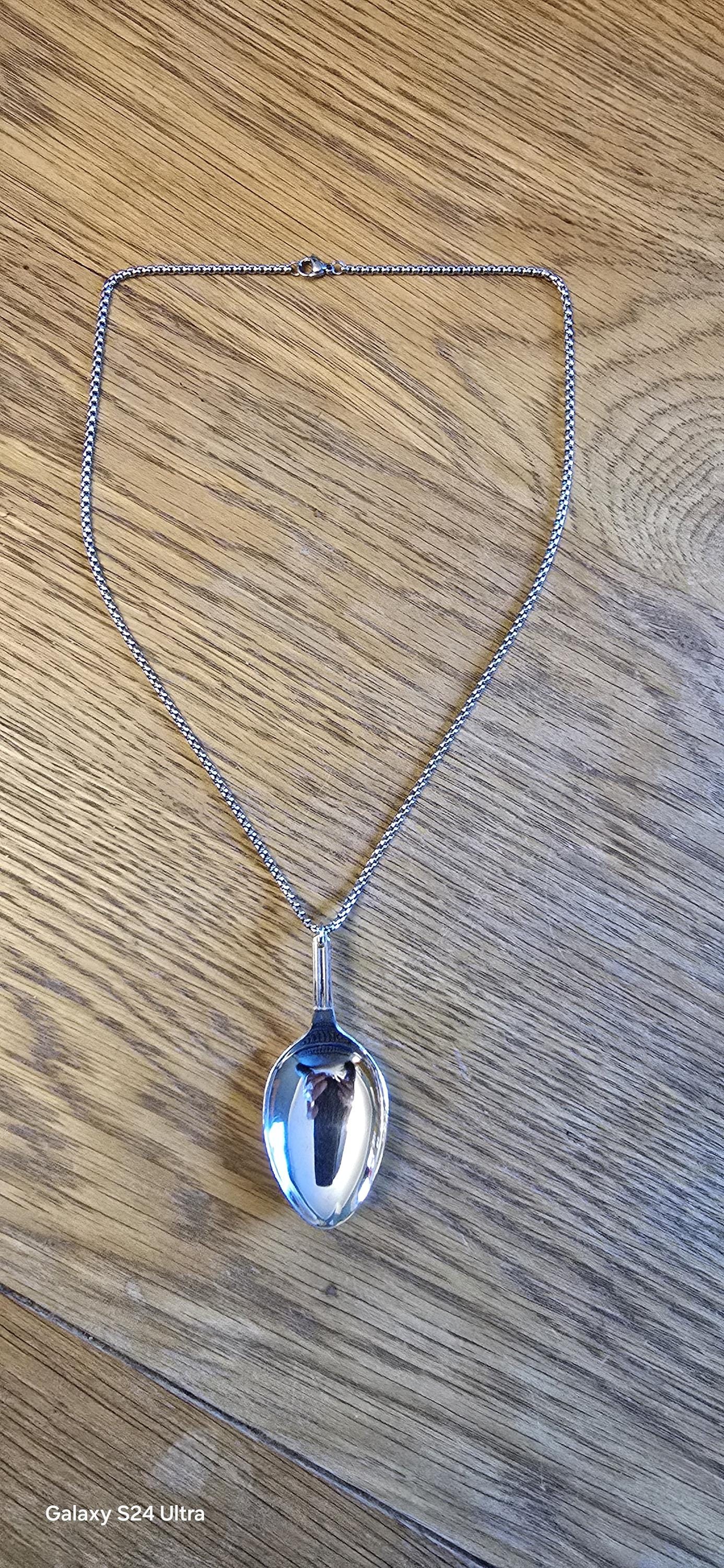 Silver plated teaspoon necklace with stainless steel chain