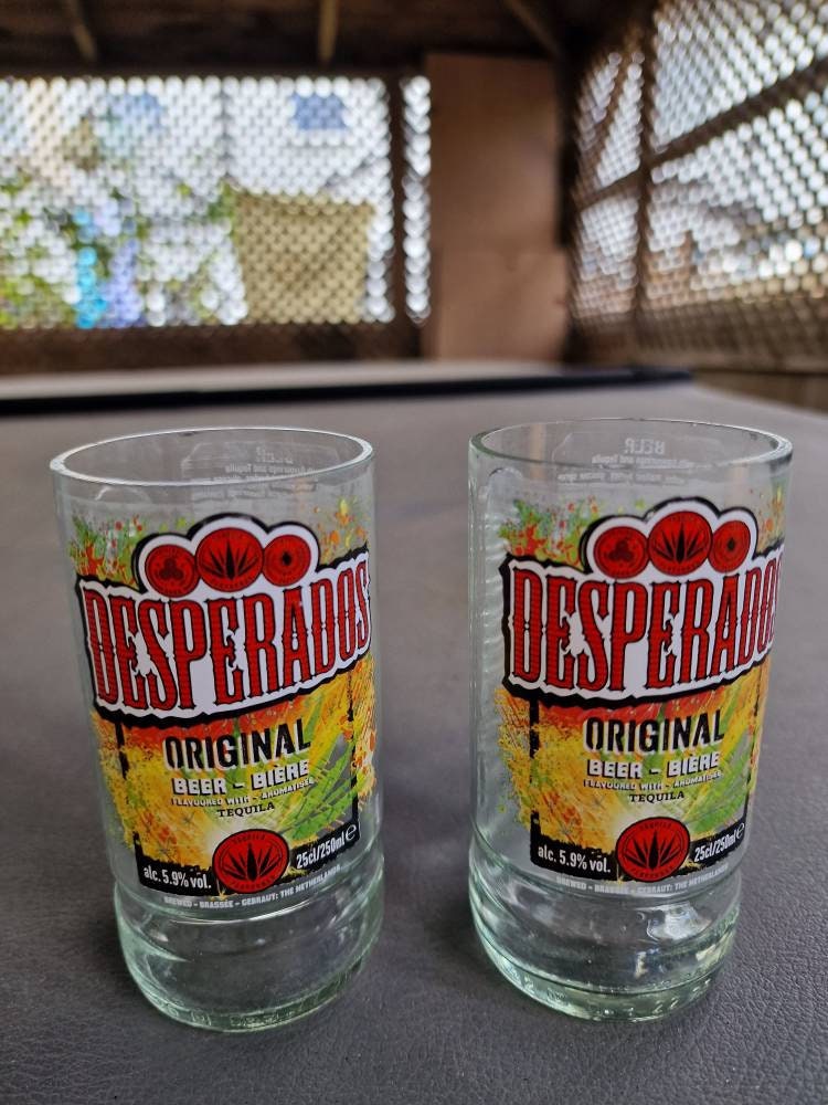Upcycled Handmade glasses from Desperados bottles x 2 made from 250ml bottles.