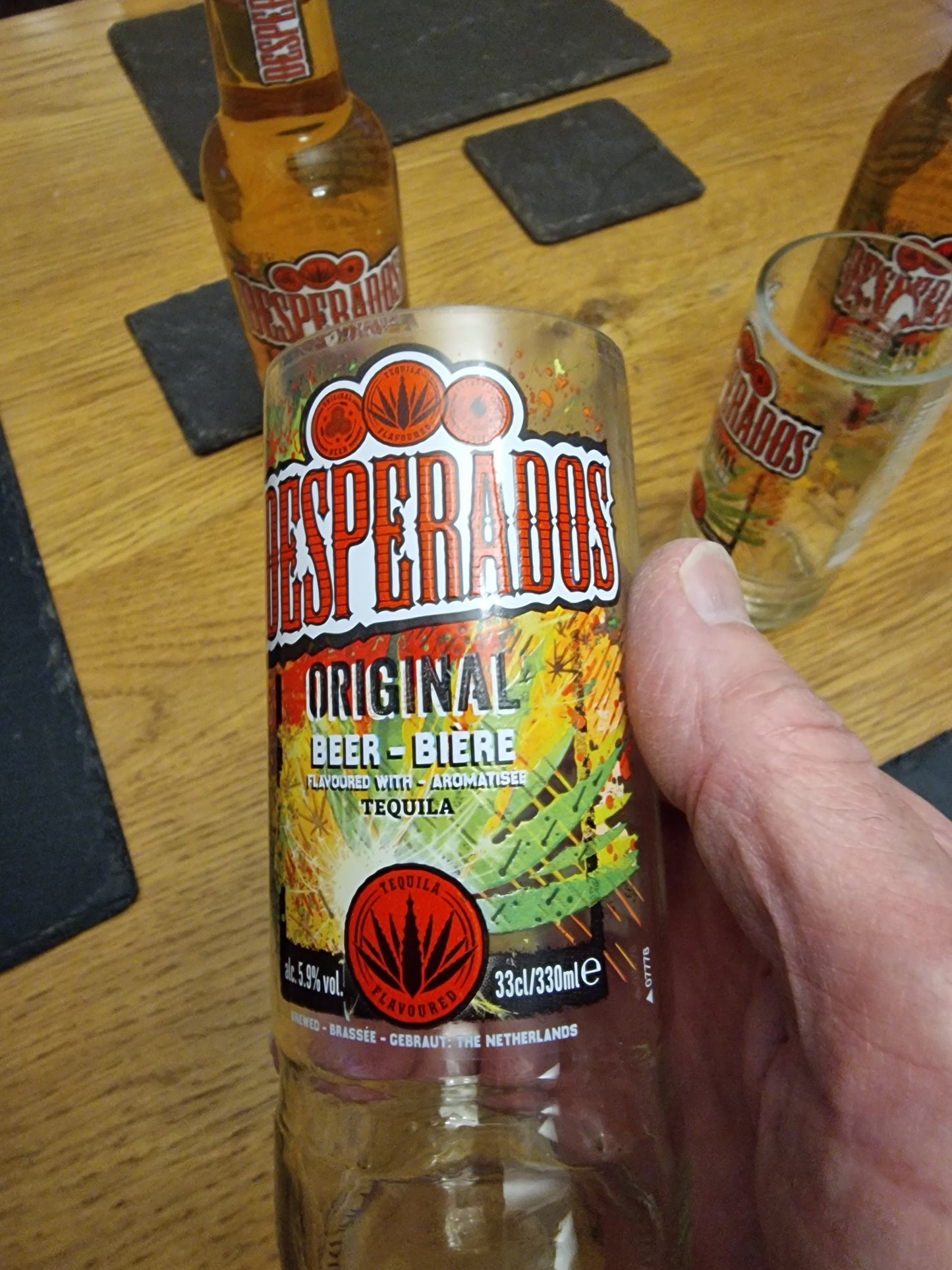 Upcycled Handmade glasses from Desperados bottles x 2 made from 330ml bottles.