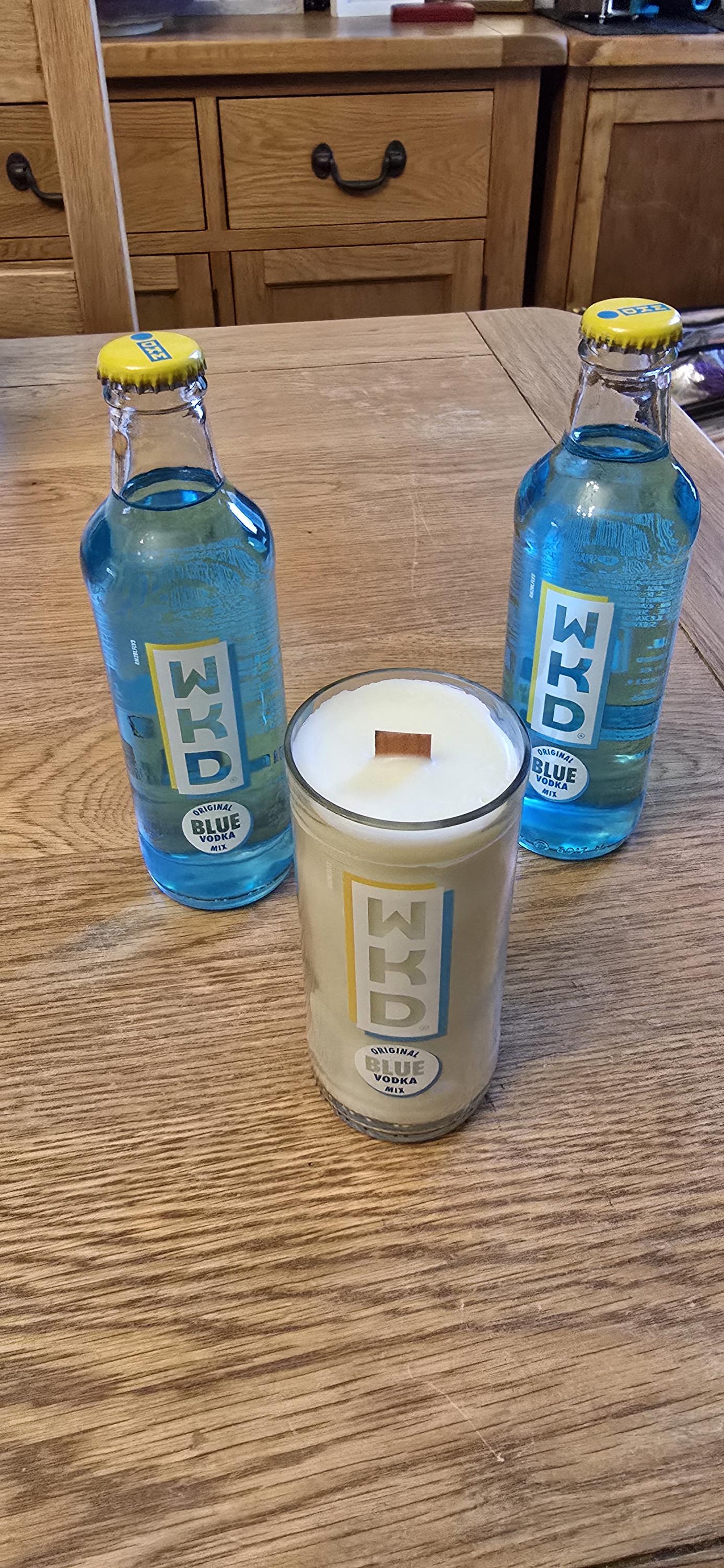 WKD Blue upcycled bottle glass Made into a candle with crackle wick