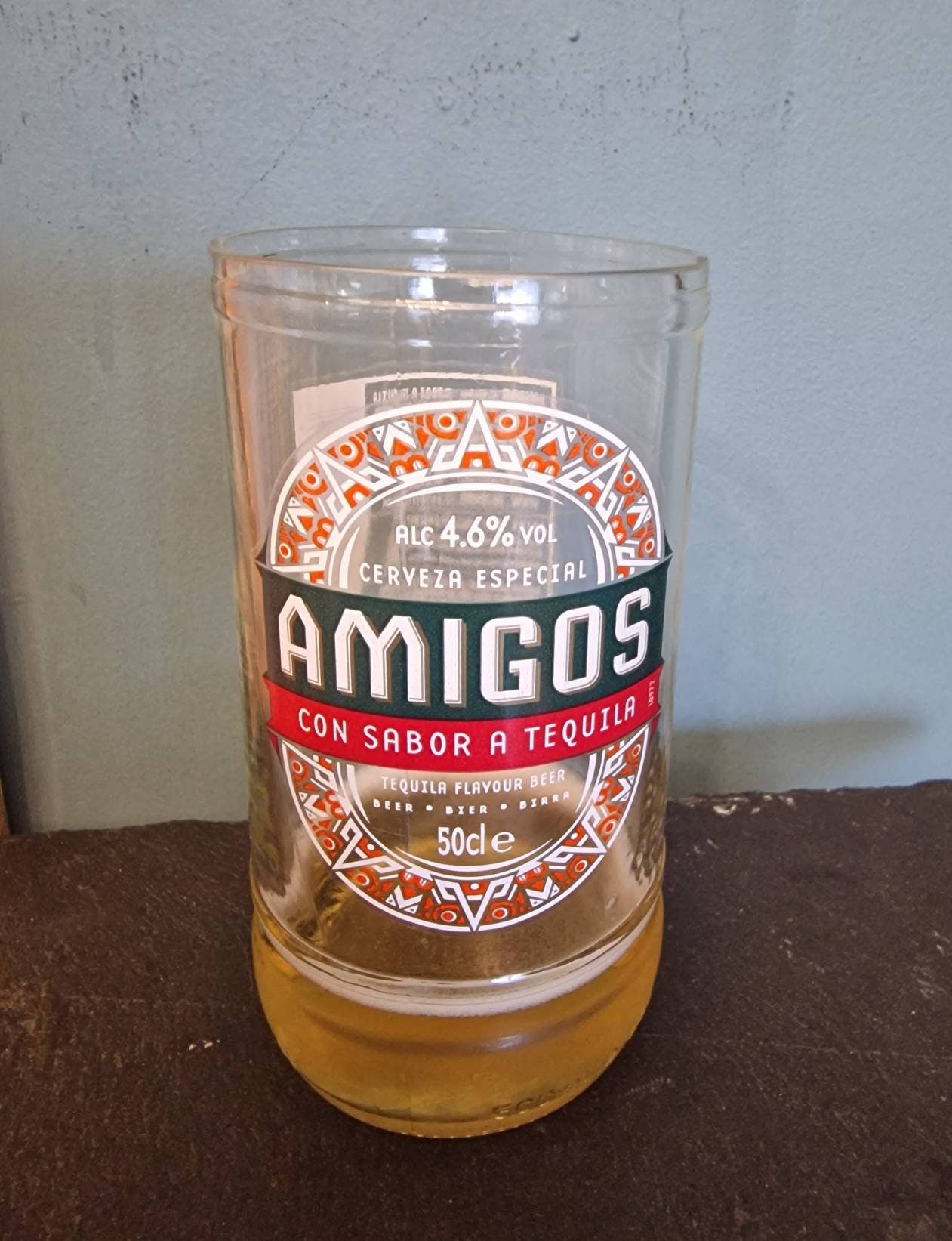 Upcycled Handmade  Glass  made from Amigos beer bottle