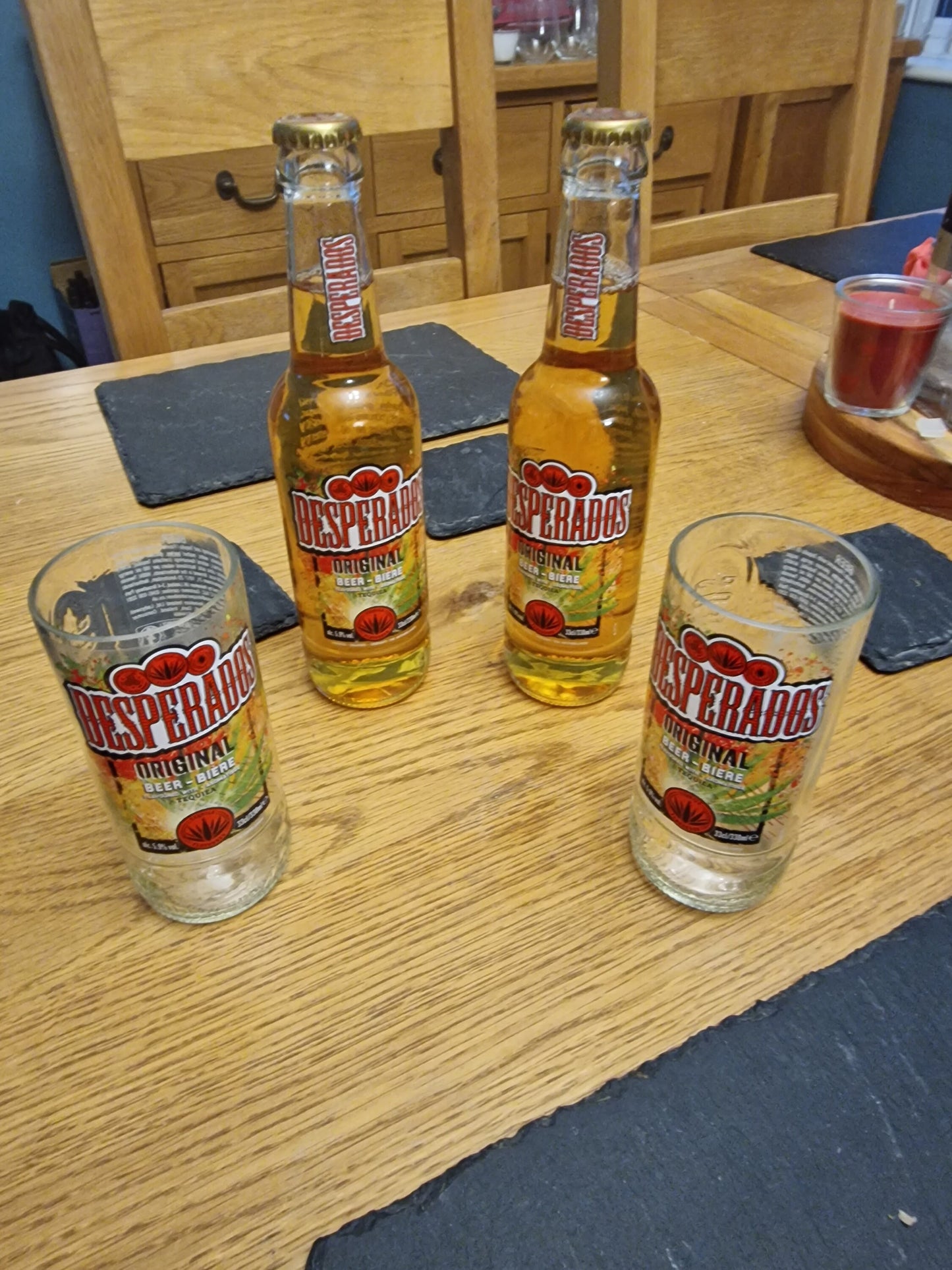 Upcycled Handmade glasses from Desperados bottles x 2 made from 330ml bottles.