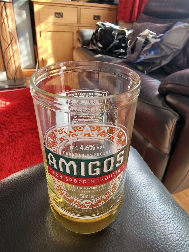 Upcycled Handmade  Glass  made from Amigos beer bottle