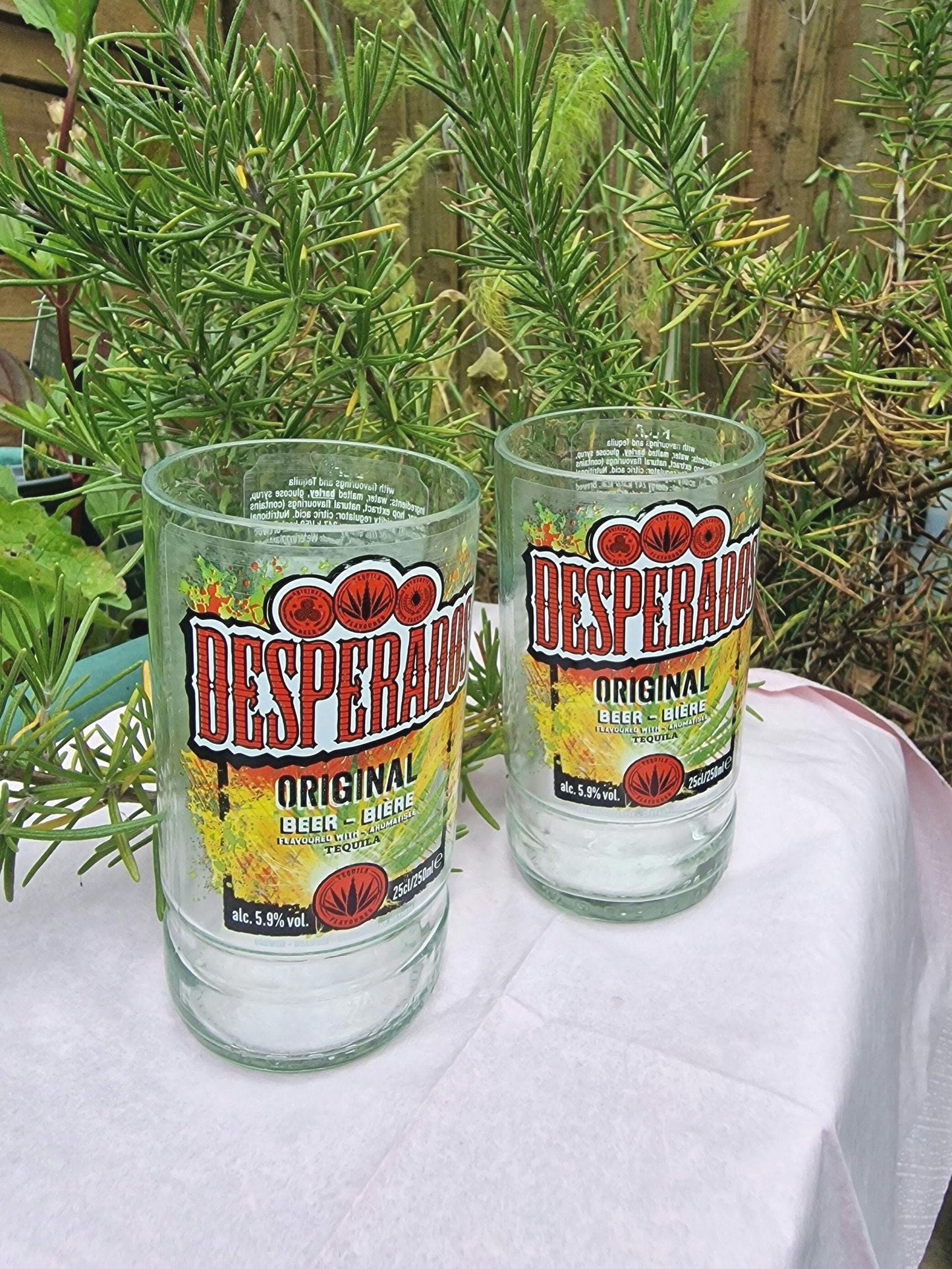 Upcycled Handmade glasses from Desperados bottles x 2 made from 250ml bottles.