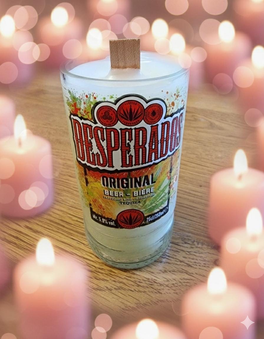 Scented Desperado beer bottle glass candle with crackle wick. Sent post free
