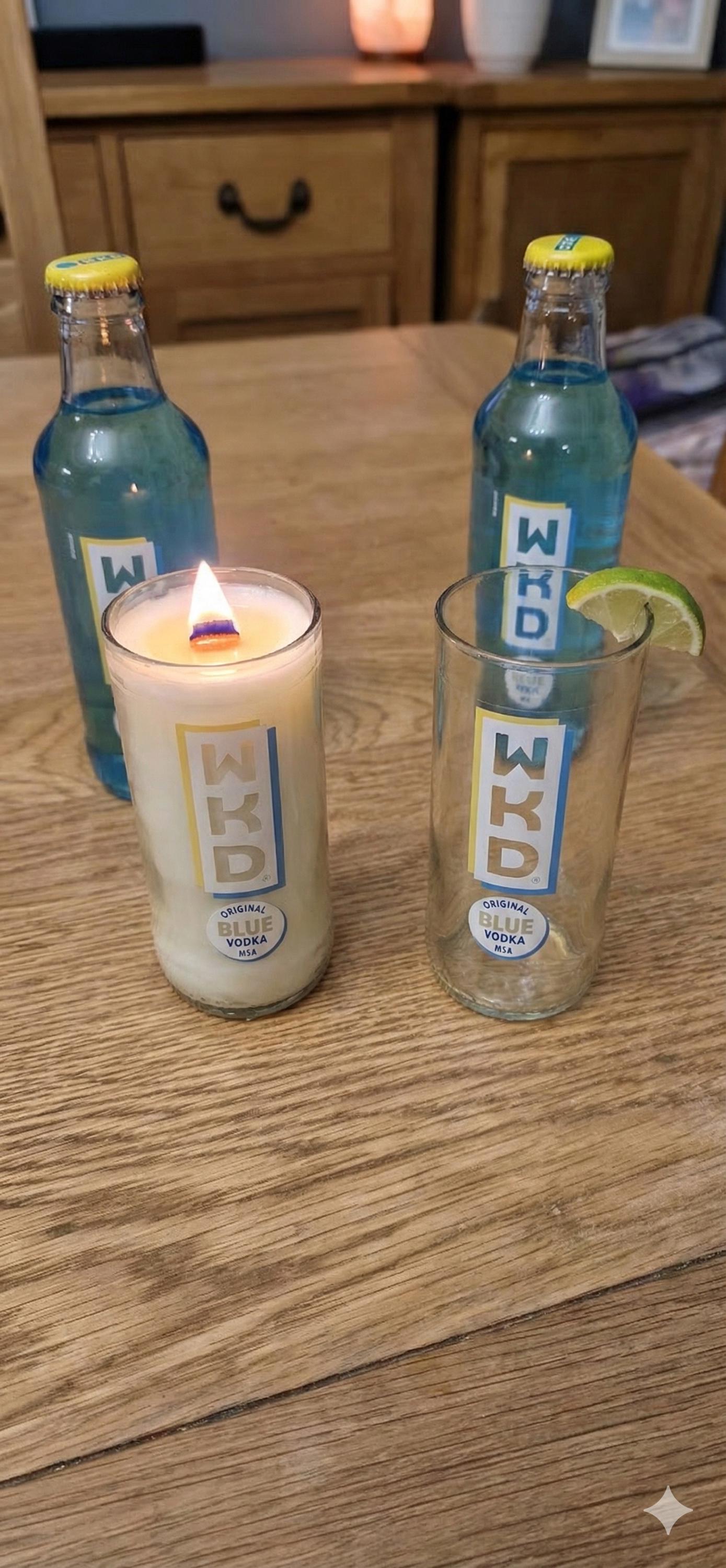 WKD Blue upcycled bottle glass Made into a candle with crackle wick