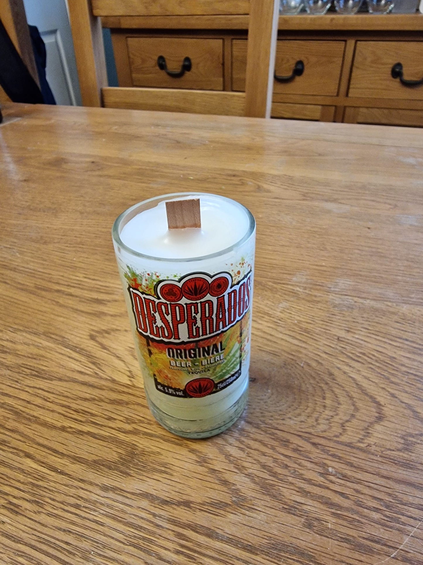 Desperado beer bottle glass candle with crackle wick. Sent post free