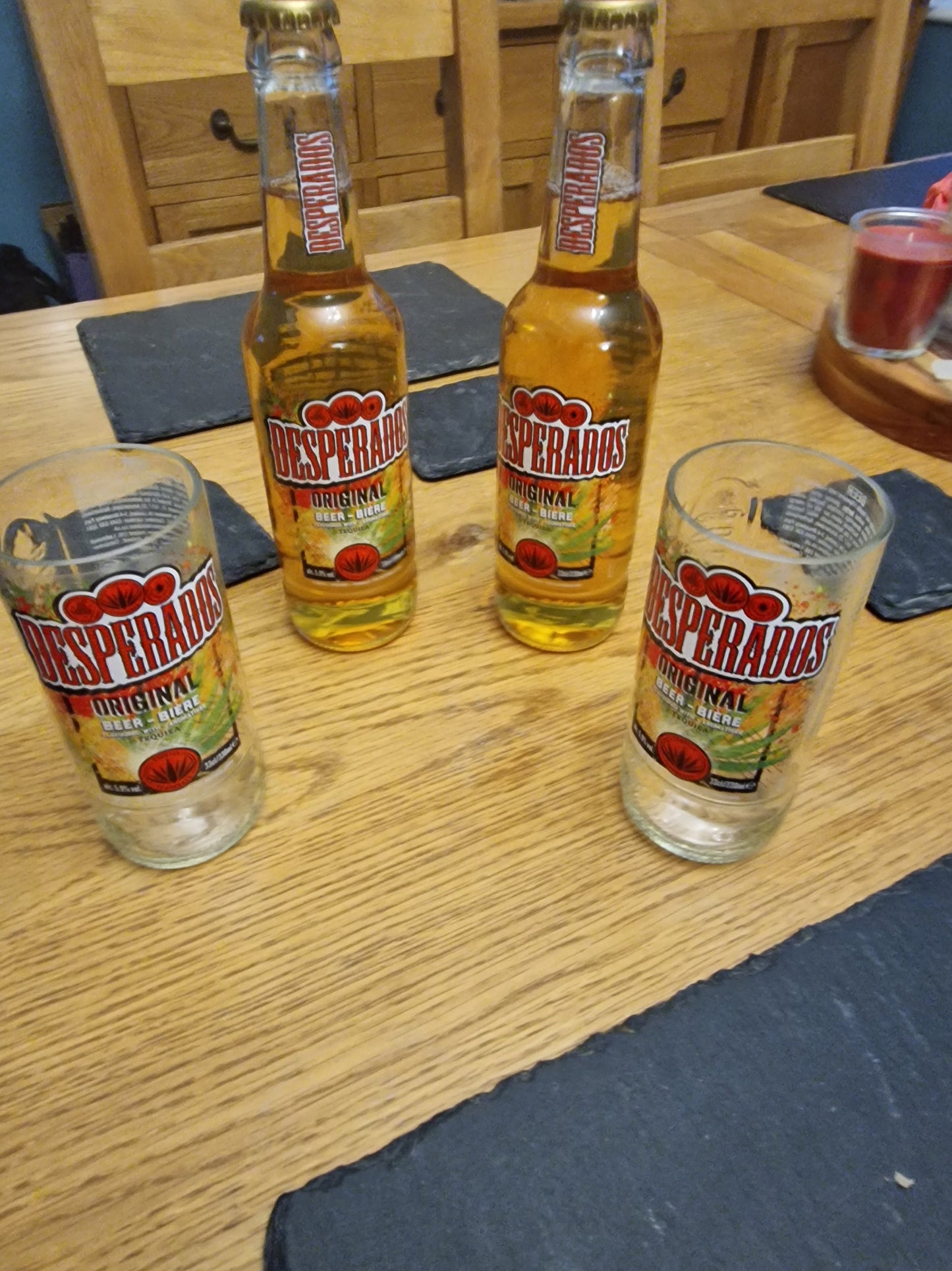 Upcycled Handmade glasses from Desperados bottles x 2 made from 330ml bottles.