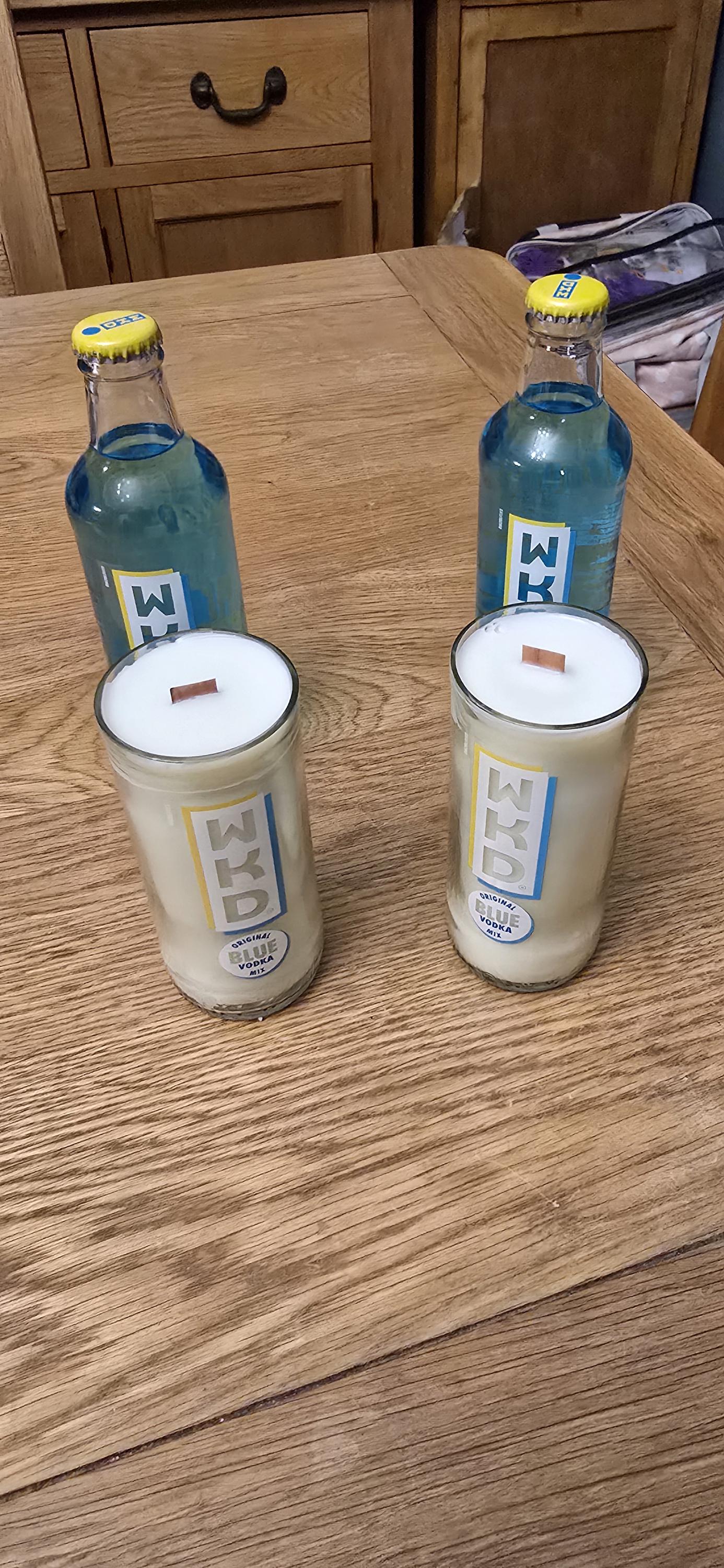 WKD Blue upcycled bottle glass Made into a candle with crackle wick